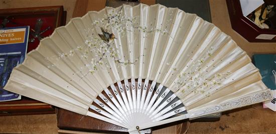19th Century French bone fan, another bird-decorated fan & a collection of 1920s paste-set jewellery